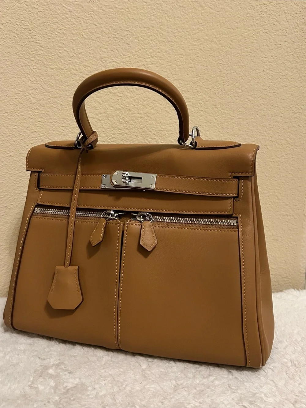 28cm Biscuit Top Handle Double Front Pocket Leather Satchel